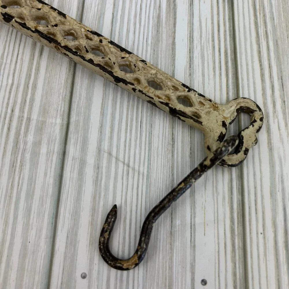Vintage Cast Iron Wall Hanger Hook Ivory Chippy Rusty Crusty Lattice Screw-In 8